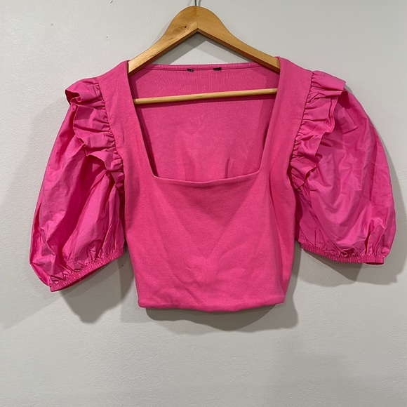 Zara Pink Balloon Ruffle Puff Sleeve Square Neck Rib Cropped Top Size L - Picture 9 of 13